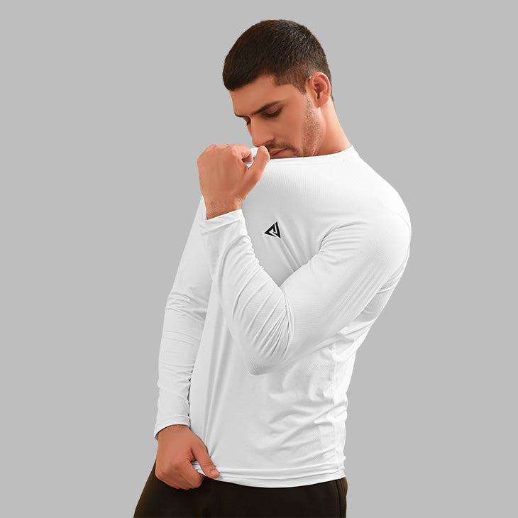 MENS FULL SLEEVES BALL-MESH T-SHIRT WHITE DRI-FIT
