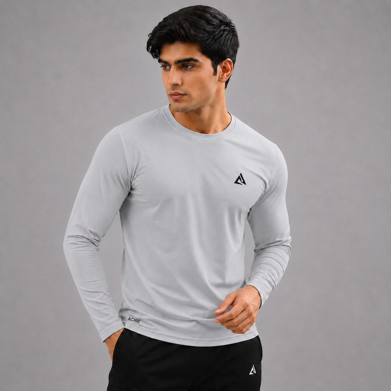 MENS FULL SLEEVES BALL-MESH T-SHIRT SILVER GRAY DRI-FIT