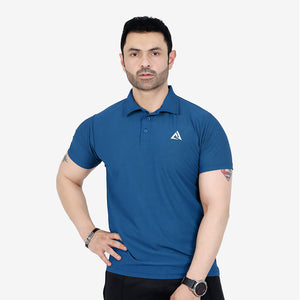 Man wearing a blue polo shirt with a logo on a white background