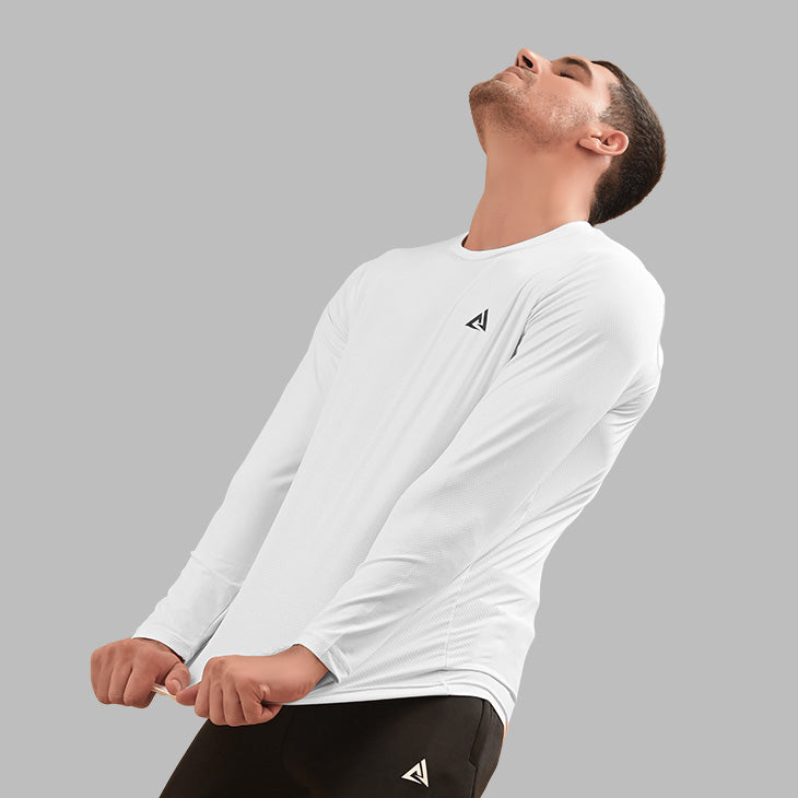 MENS FULL SLEEVES BALL-MESH T-SHIRT WHITE DRI-FIT