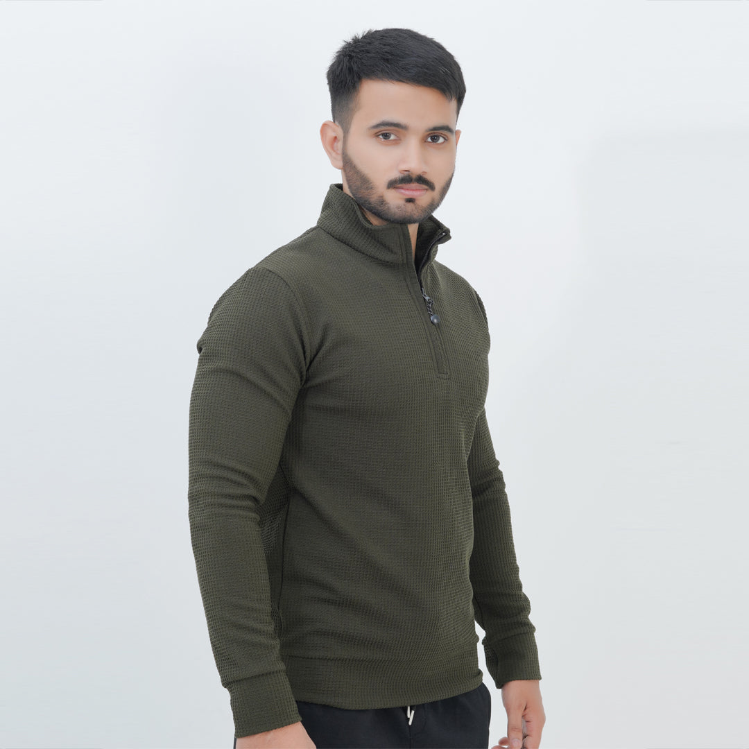 Waffle Half Zipper Olive Green Sweat Shirt .