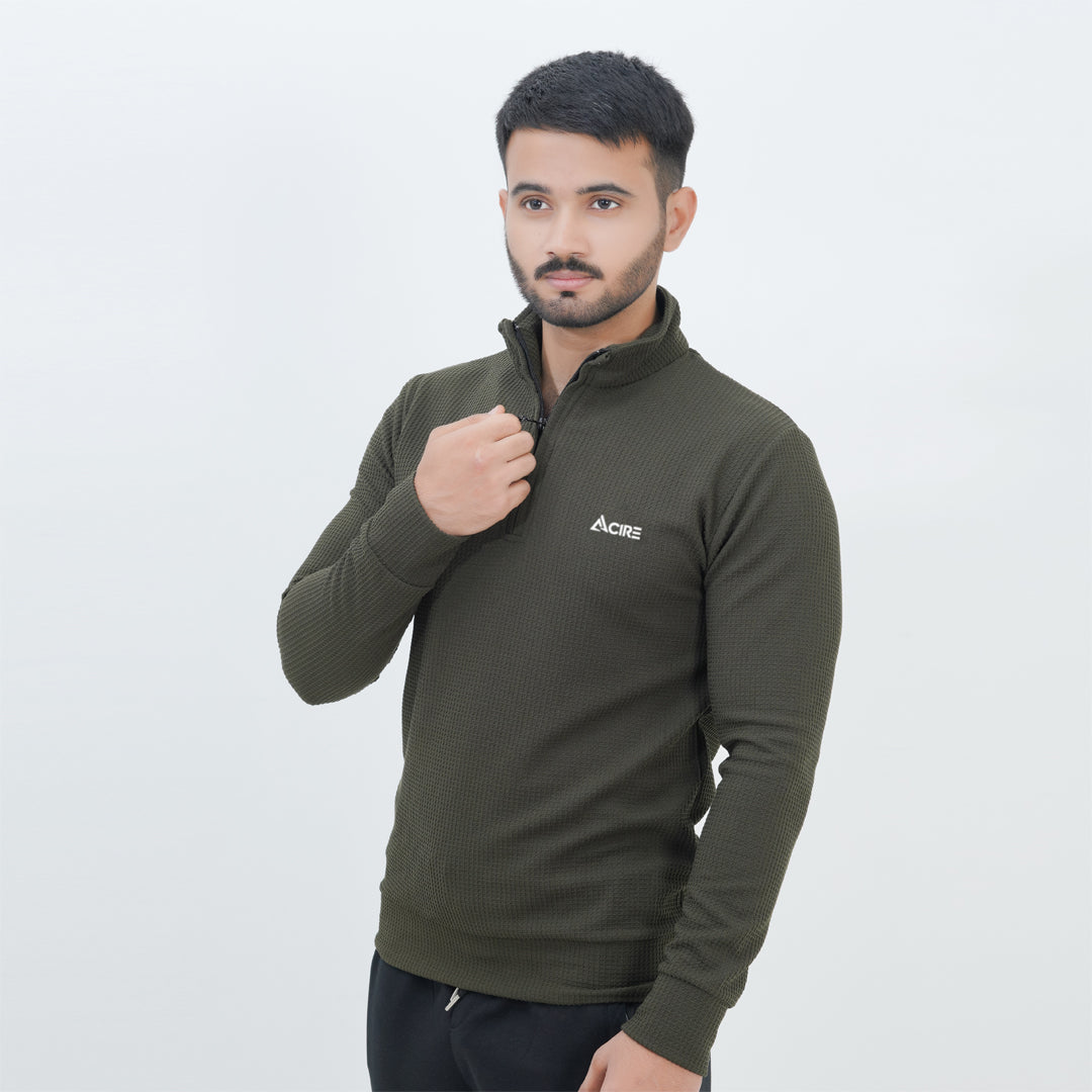 Waffle Half Zipper Olive Green Sweat Shirt .