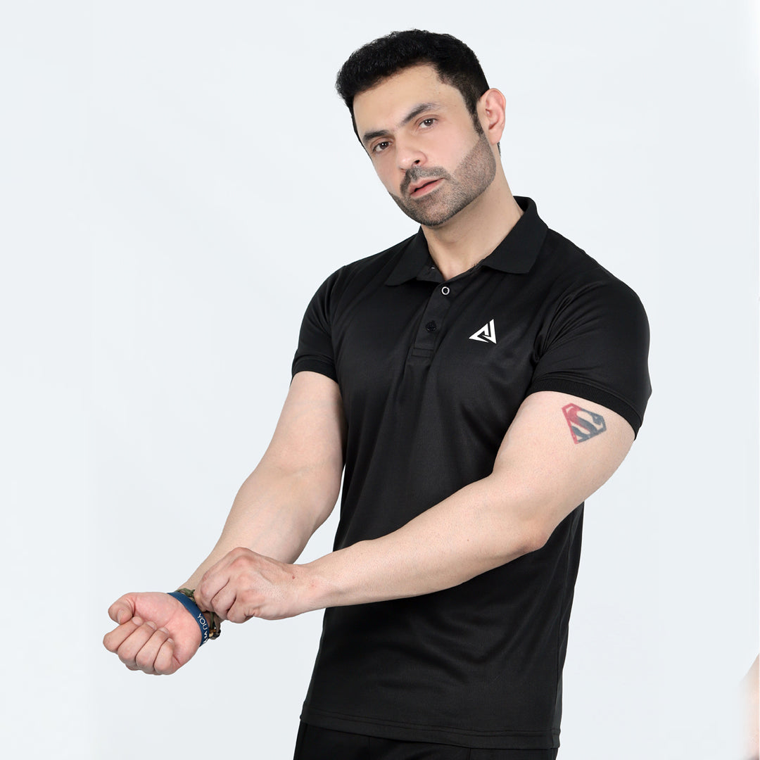 BLACK - BASIC POLO SHIRT COMFY TOPS