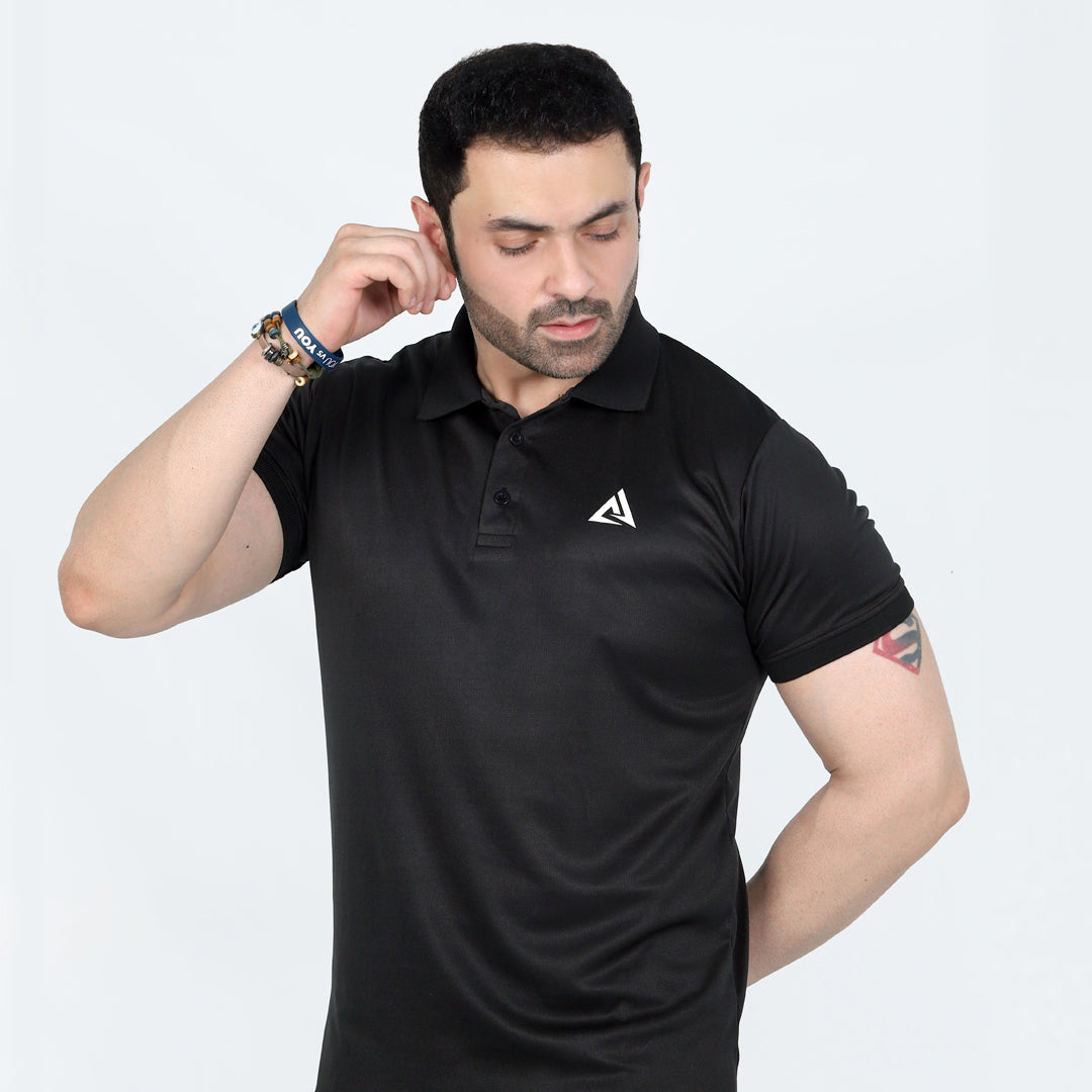 BLACK - BASIC POLO SHIRT COMFY TOPS