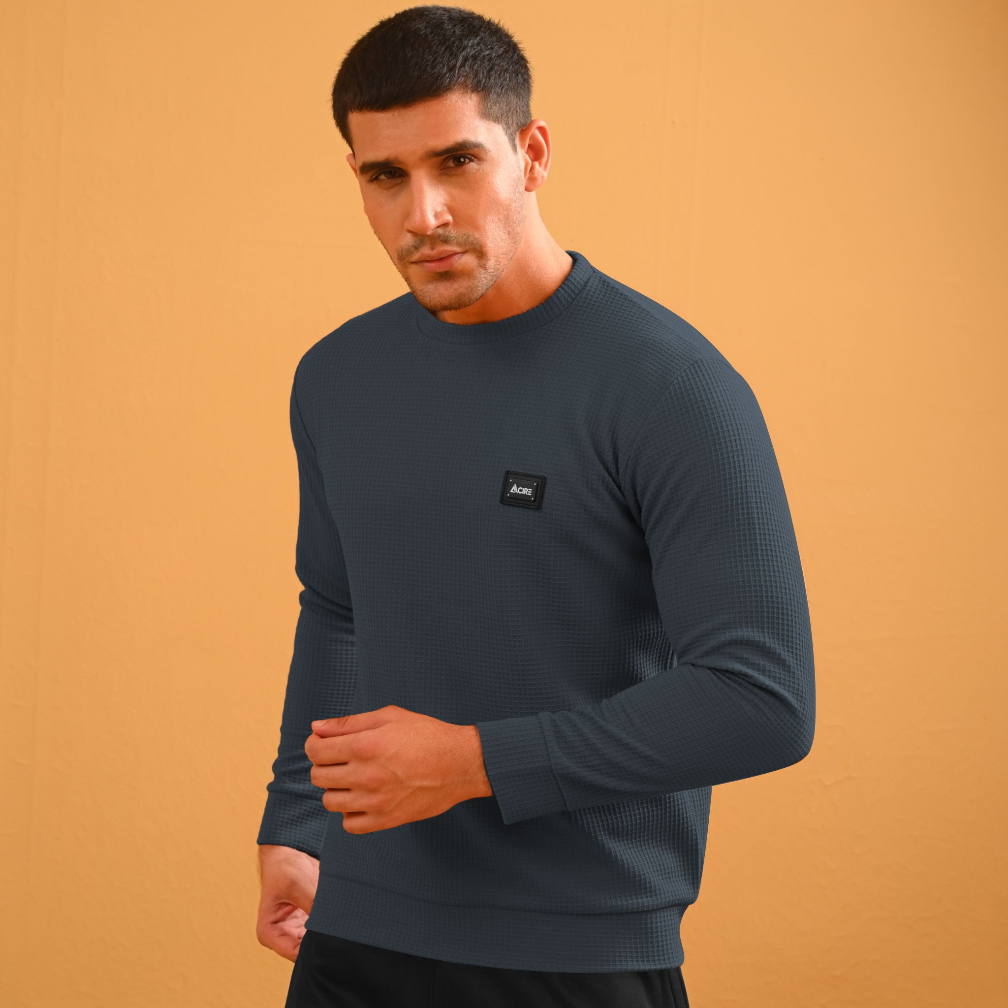 DARK GRAY - WAFFLE SWEATSHIRT CREW NECK TOP