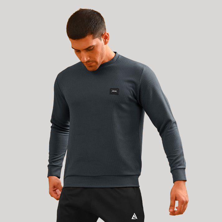 DARK GRAY - WAFFLE SWEATSHIRT CREW NECK TOP