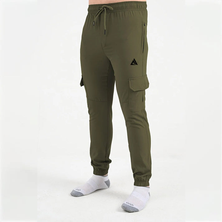 OLIVE GREEN MICRO STRACH POLYESTER STRETCHABLE WOVEN FABRIC CARGO TROUSER