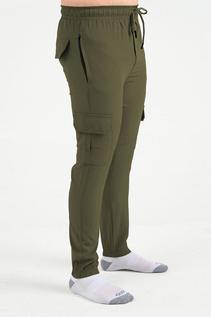 OLIVE GREEN MICRO STRACH POLYESTER STRETCHABLE WOVEN FABRIC CARGO TROUSER